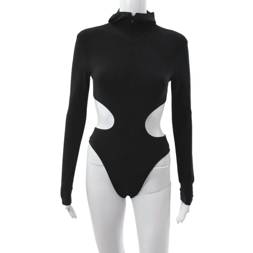 Norma Kamali Women One Piece Bodysuit Black Long Sleeve Polyester Blend Size XS